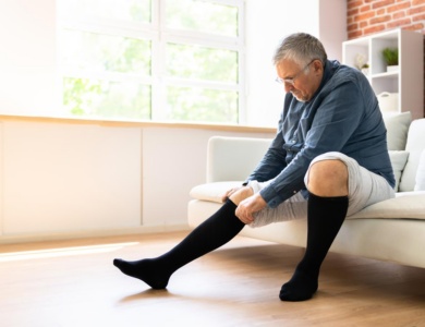 Man putting on compression stockings